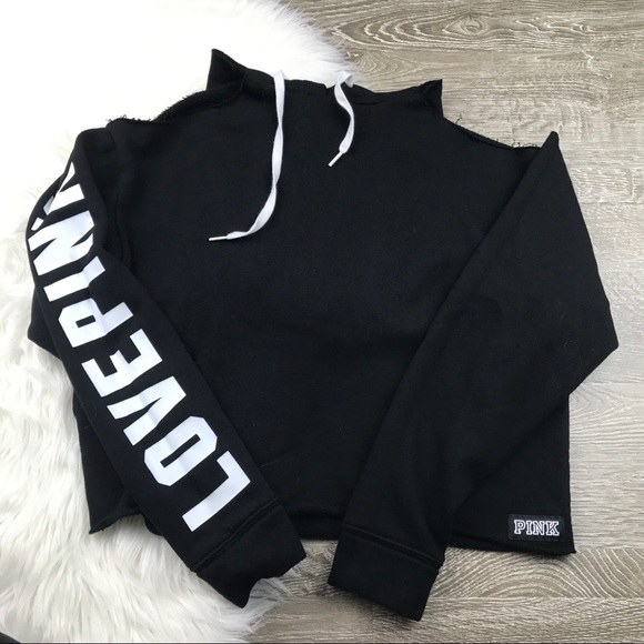 PINK Victoria's Secret Tops - VS Pink Spellout Cold Shoulder Cropped  Hoodie